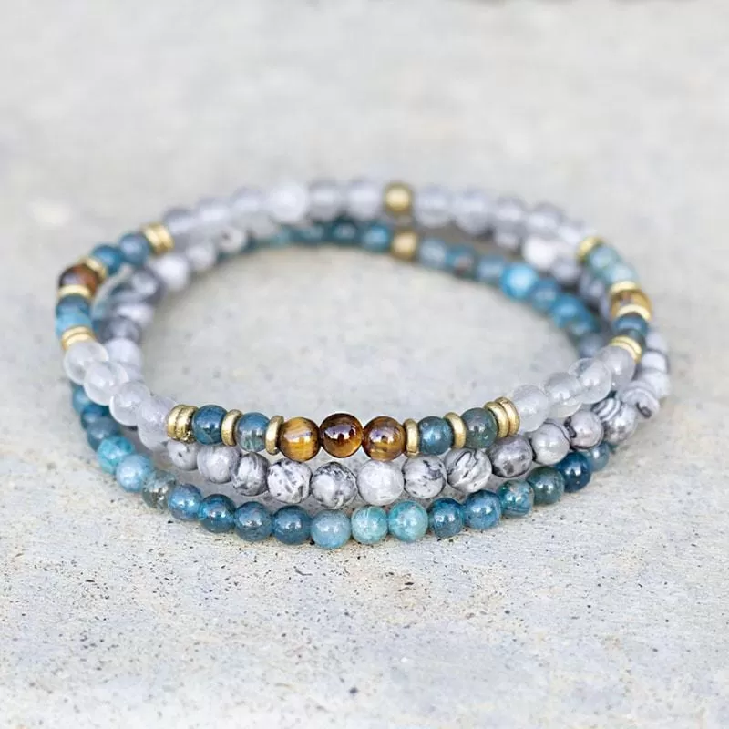 Gratitude and Abundance Apatite, Tigers Eye and Jasper Delicate Bracelet Stack