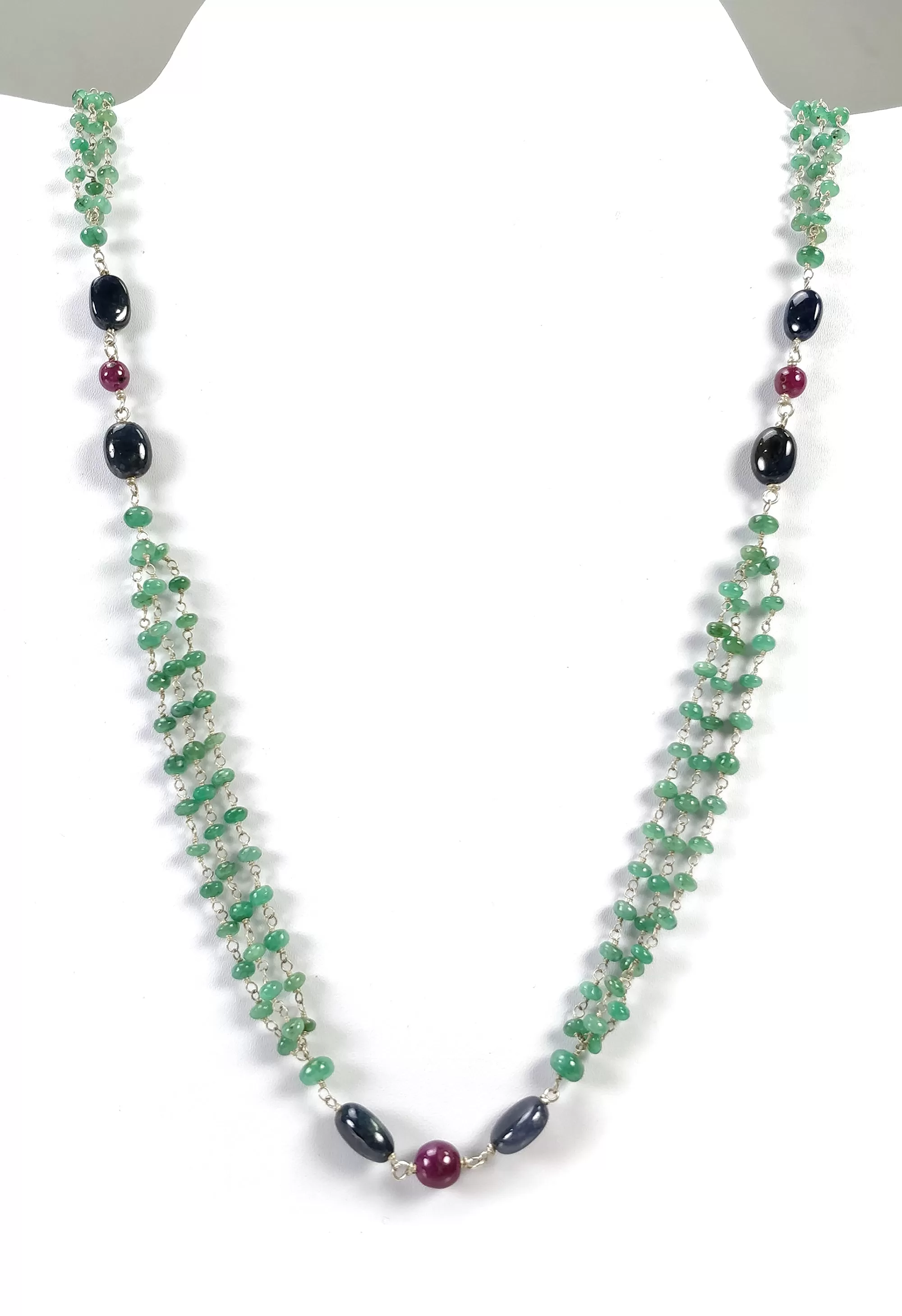 Green EMERALD & Sapphire Ruby Gemstones Beads Chain NECKLACE : 925 Sterling Silver Natural Emerald Cabochon 31" Statement Necklace