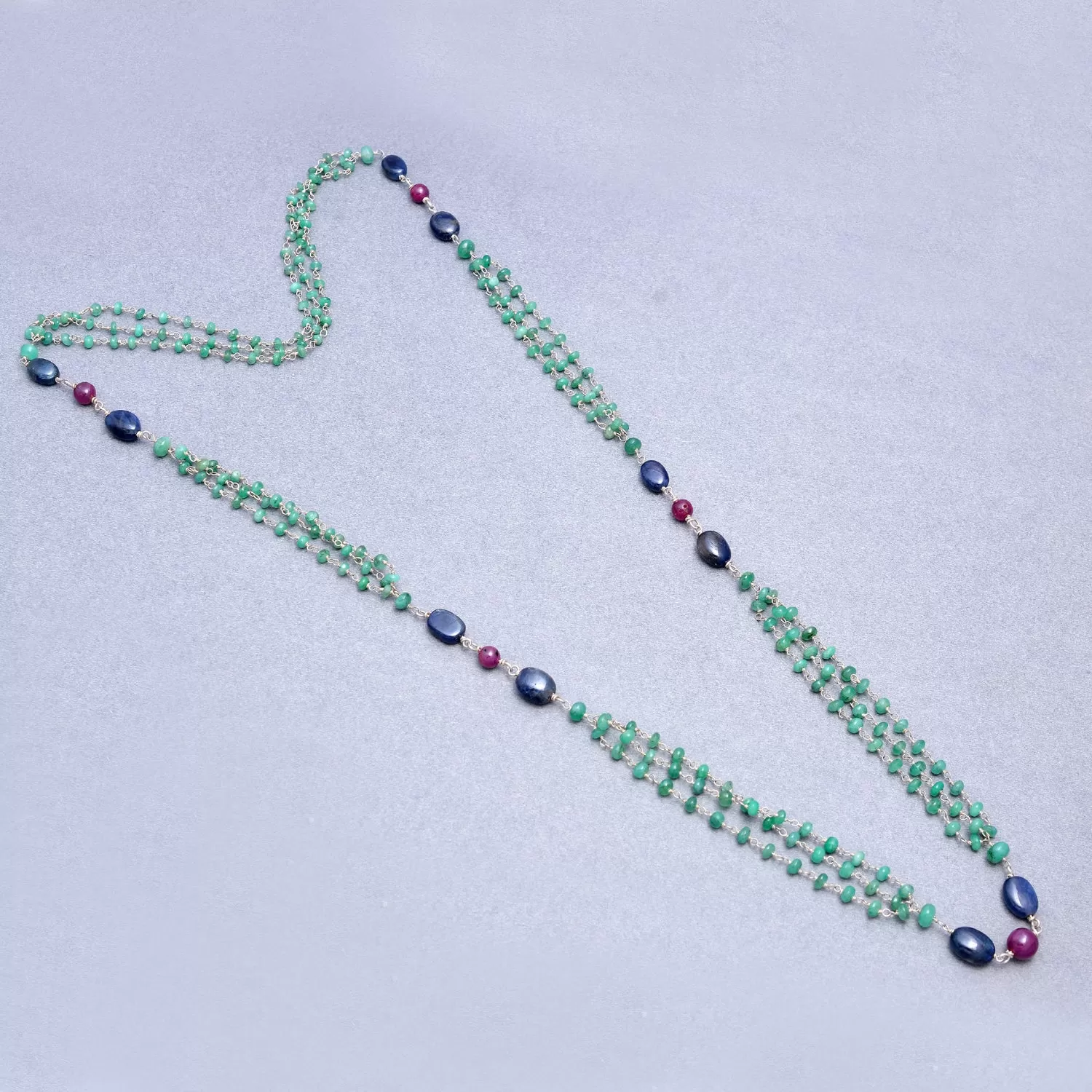 Green EMERALD & Sapphire Ruby Gemstones Beads Chain NECKLACE : 925 Sterling Silver Natural Emerald Cabochon 31" Statement Necklace