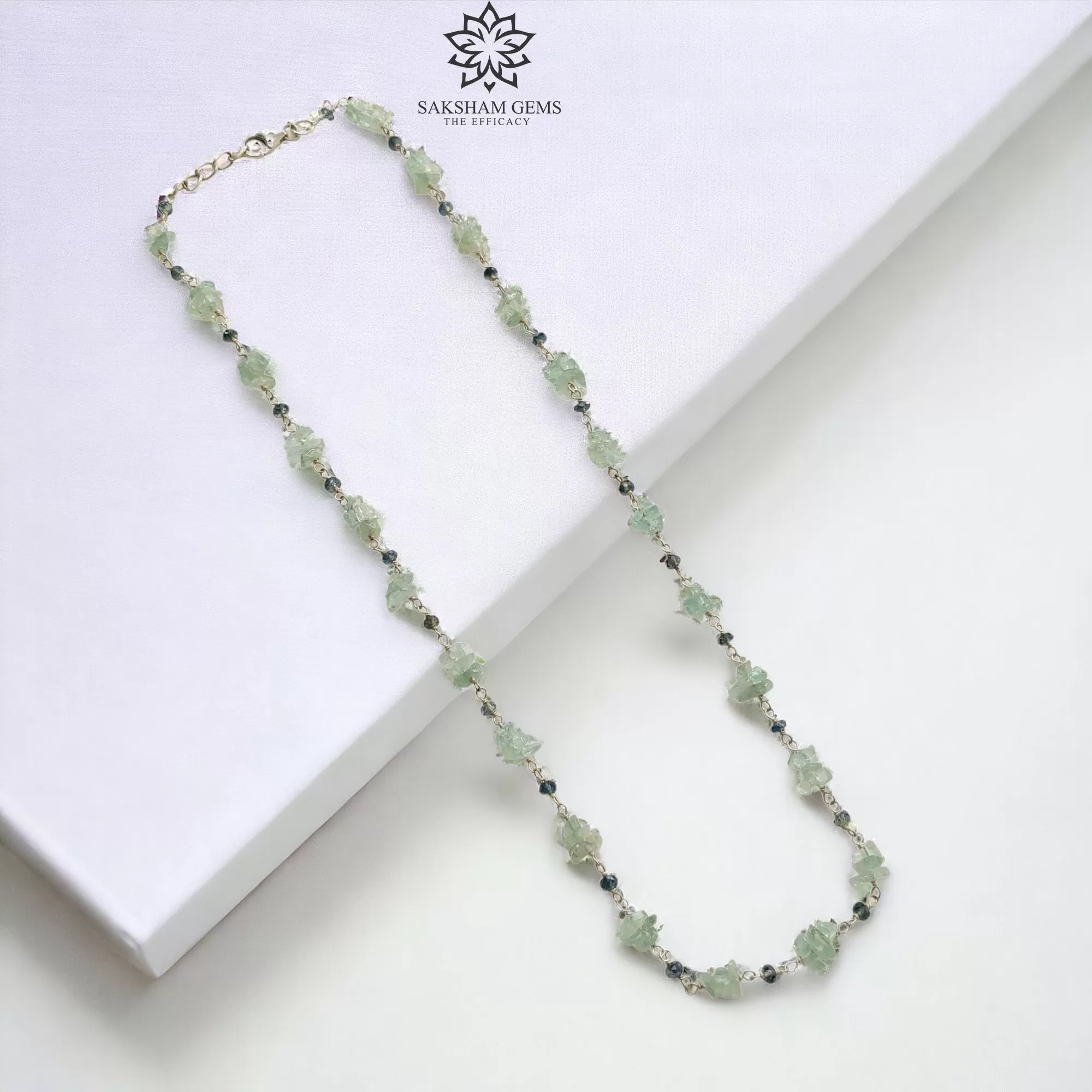 Green Emerald And Blue Sapphire Gemstones 925 Sterling Silver 7.81gms Natural Uncut Beads Chain NECKLACE 16"