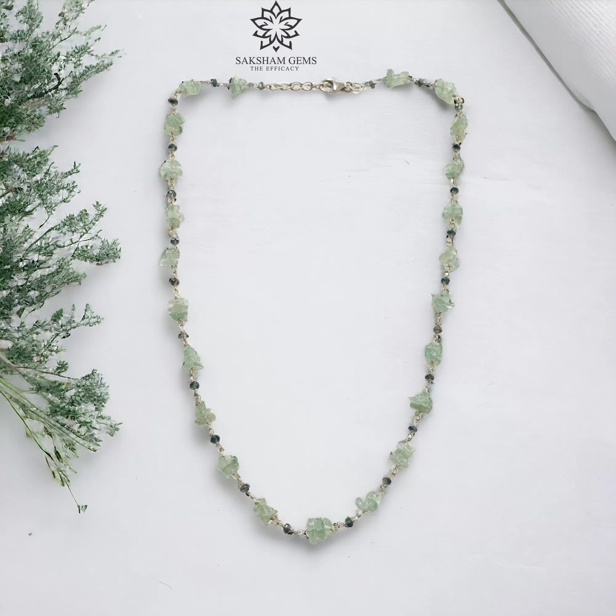 Green Emerald And Blue Sapphire Gemstones 925 Sterling Silver 7.81gms Natural Uncut Beads Chain NECKLACE 16"