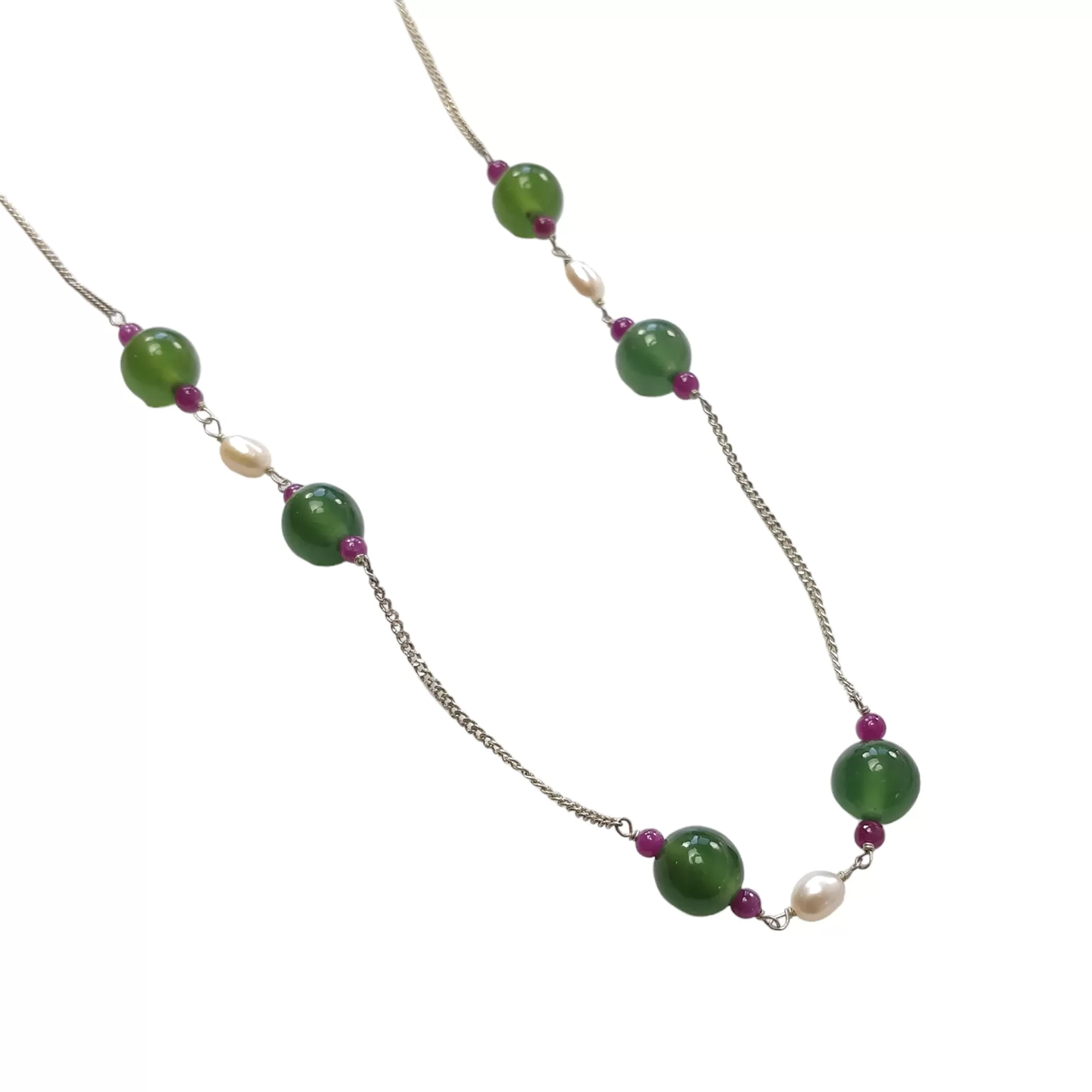 Green Serpentine & White Pearl Gemstones Beads Chain NECKLACE : 13.71gms 925 Sterling Silver Natural Plain Round Beaded Necklace 18"