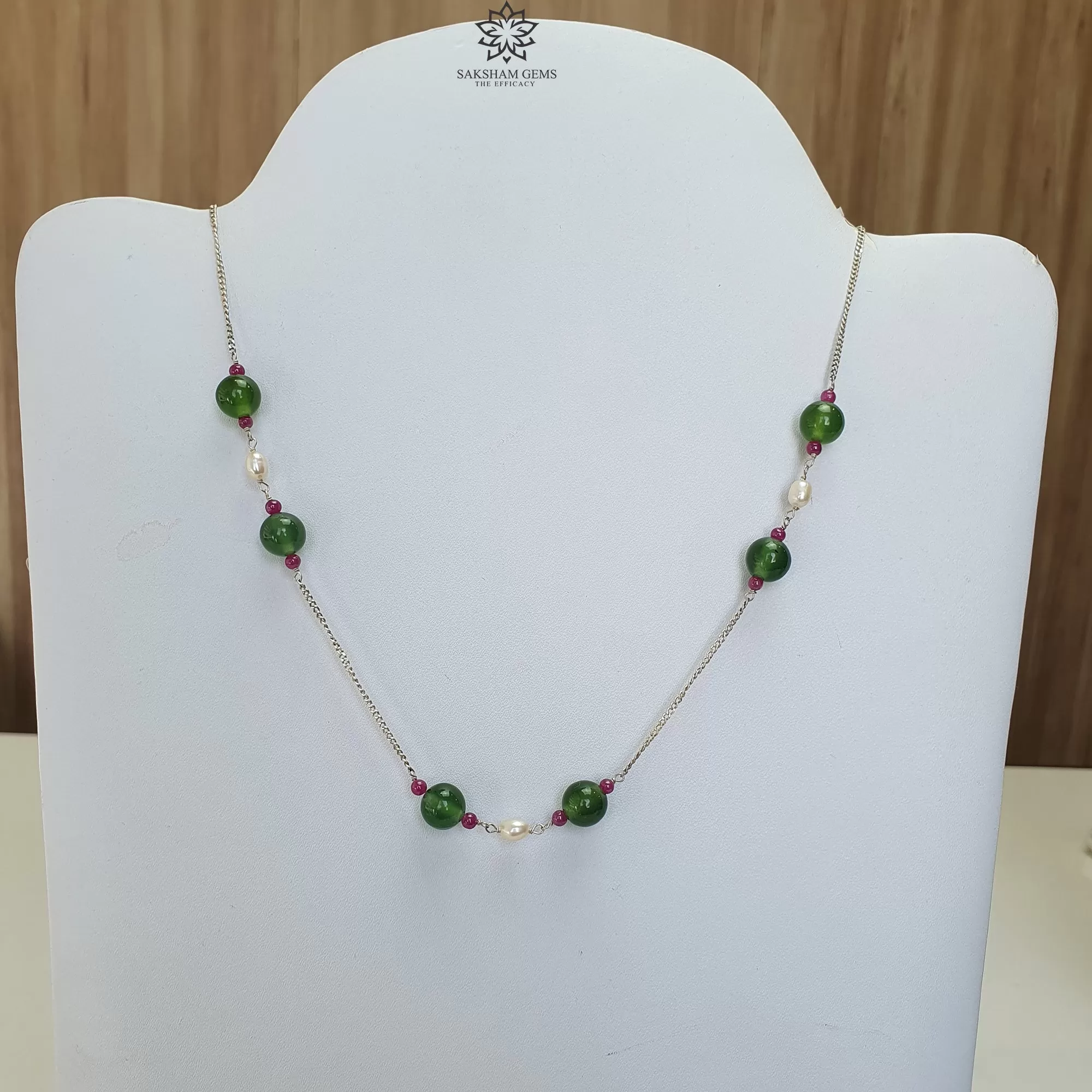 Green Serpentine & White Pearl Gemstones Beads Chain NECKLACE : 13.71gms 925 Sterling Silver Natural Plain Round Beaded Necklace 18"