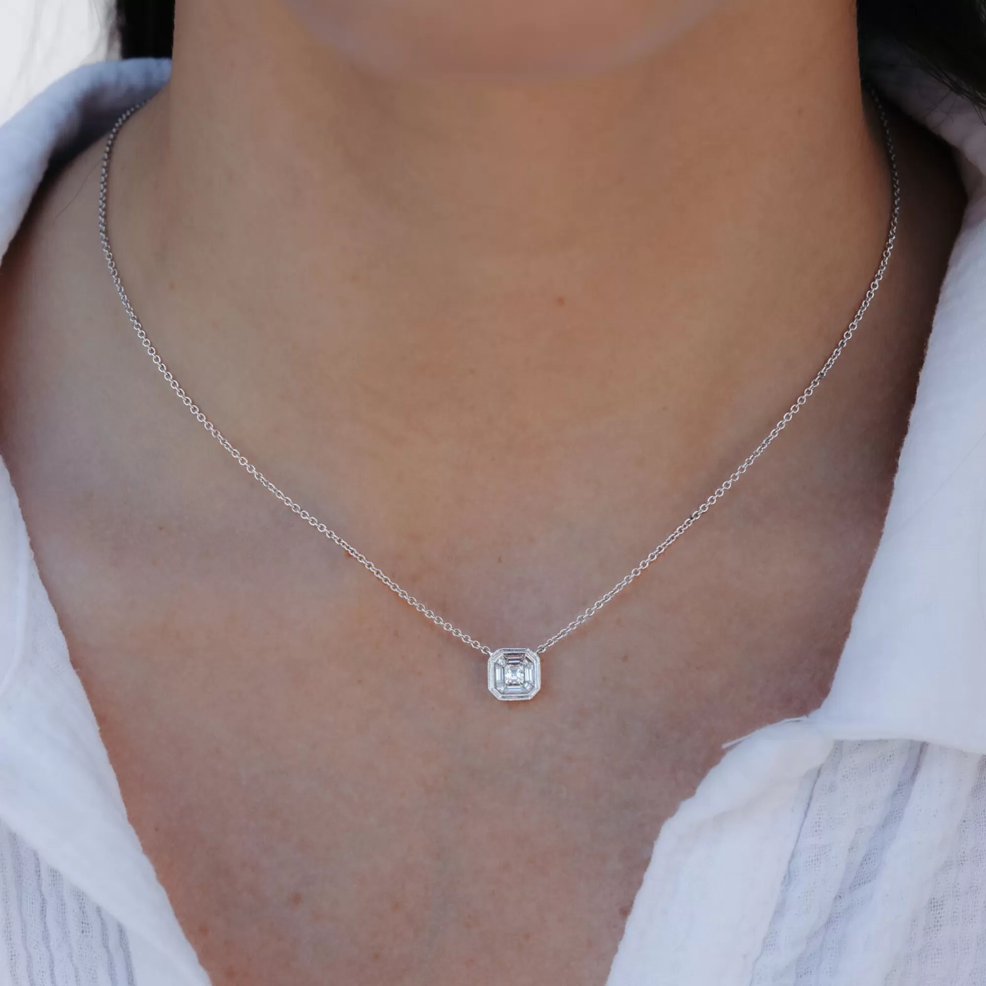 Invisible Set Square Diamond Petite Milgrain Necklace