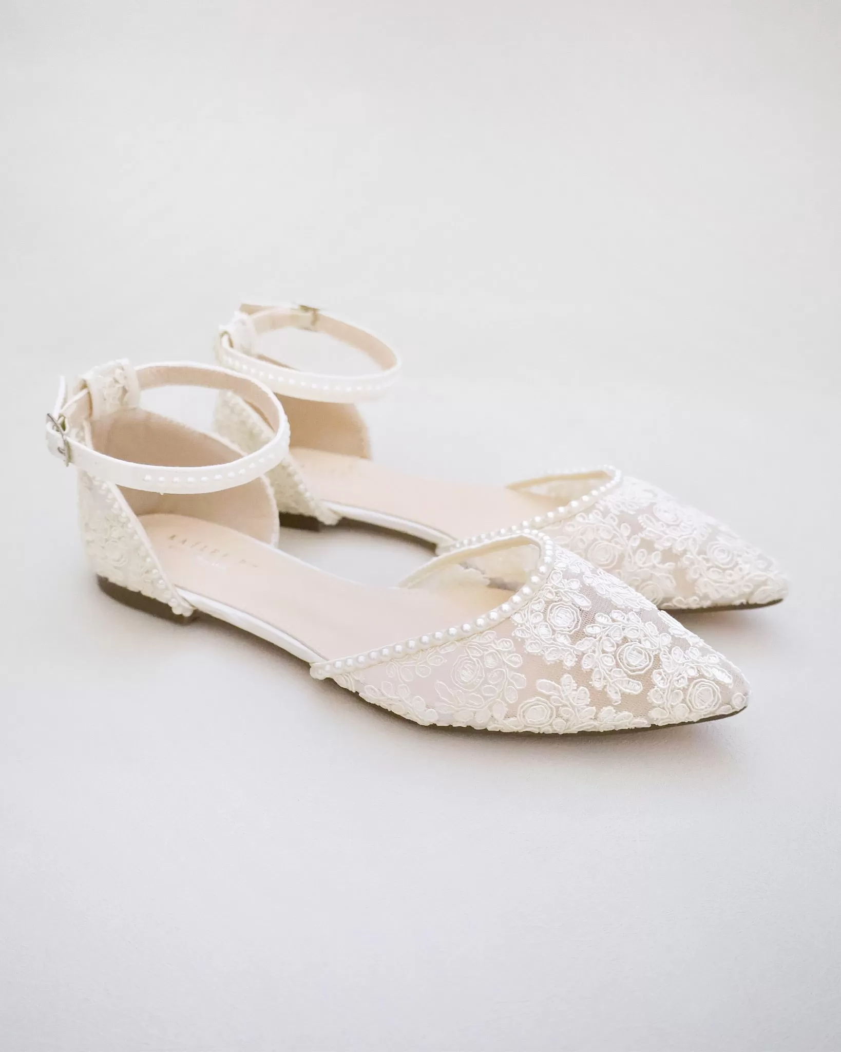 Ivory Crochet Lace Pointy Toe Flats with Mini Pearls