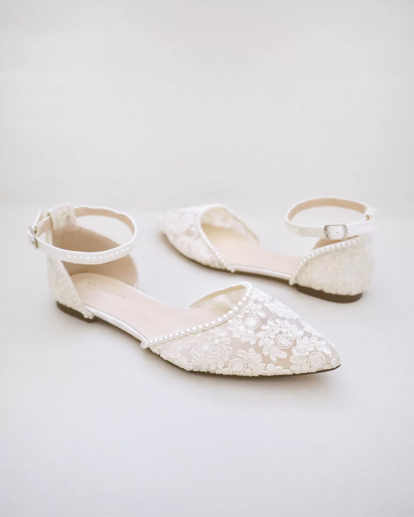 Ivory Crochet Lace Pointy Toe Flats with Mini Pearls