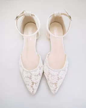 Ivory Crochet Lace Pointy Toe Flats with Mini Pearls