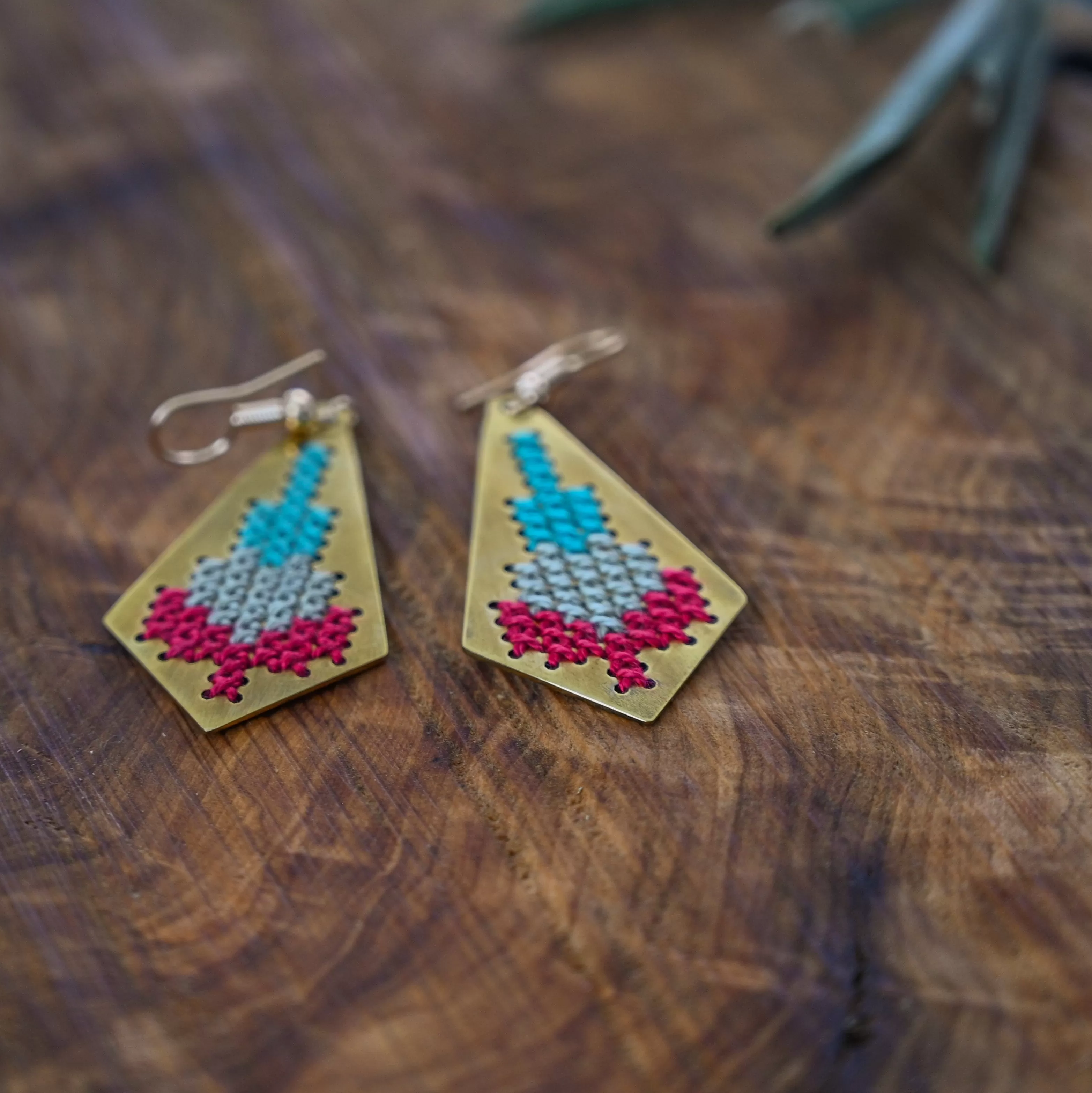 Jamilla Palestinian Tatreez on Brass Earrings - 3 Color Embroidery Gifts from Palestine