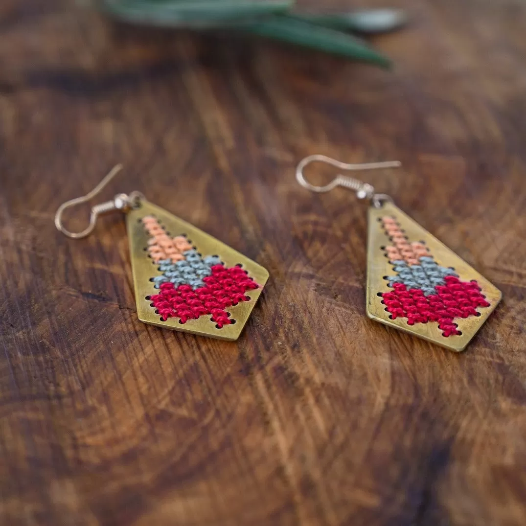 Jamilla Palestinian Tatreez on Brass Earrings - 3 Color Embroidery Gifts from Palestine