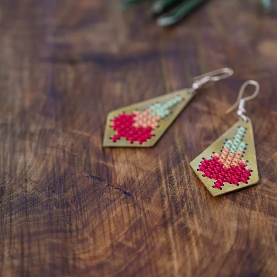 Jamilla Palestinian Tatreez on Brass Earrings - 3 Color Embroidery Gifts from Palestine