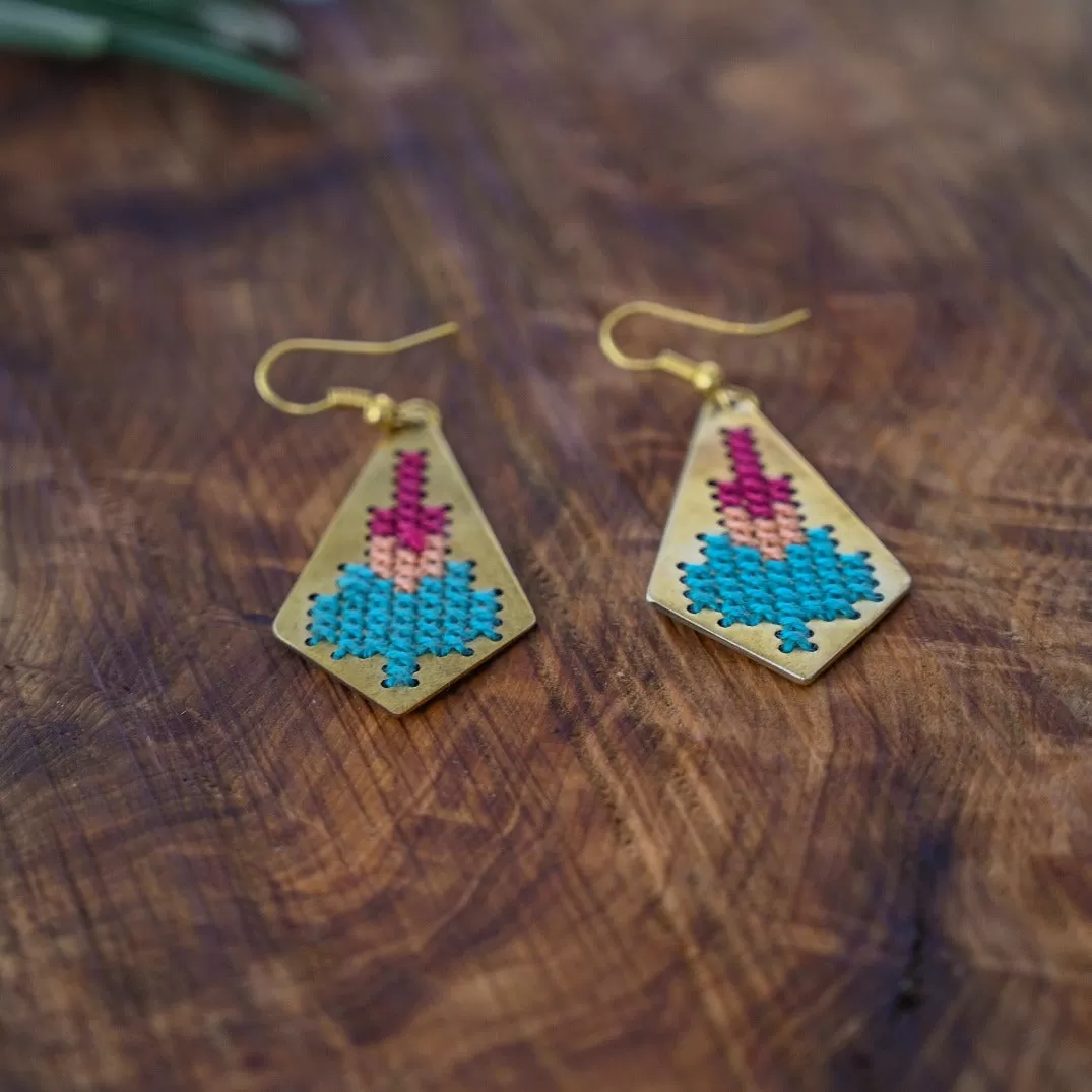 Jamilla Palestinian Tatreez on Brass Earrings - 3 Color Embroidery Gifts from Palestine