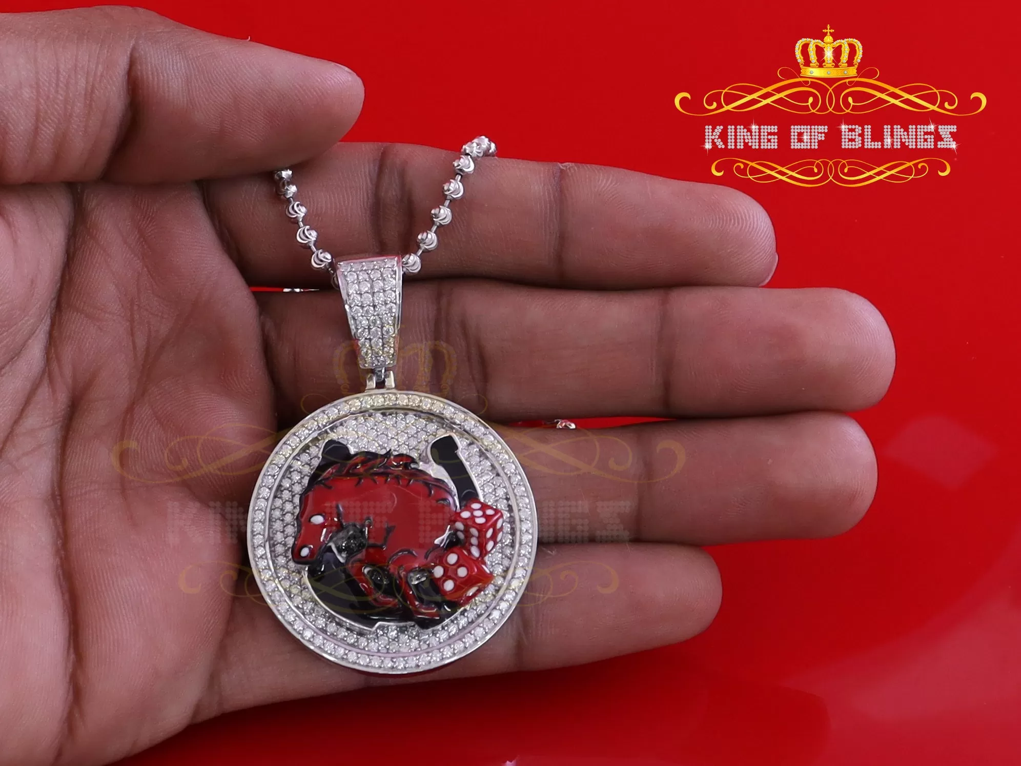 King Of Bling's 925 Silver White HORSE SHOE Enamel Pendant with 5.00ct Genuine Moissanite