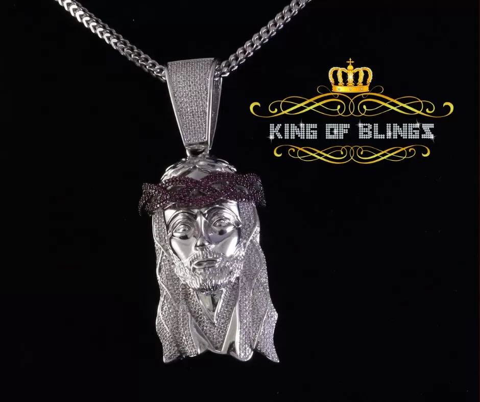 King Of Bling's Silver with Pink Jesus Head Shape Pendant 4.98ct Cubic Zirconia