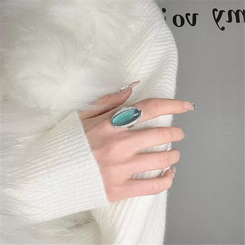 Korean women's retro exaggerated sea blue sterling silver open ring high-end banquet temperament party eye-catching jewelry S4491032