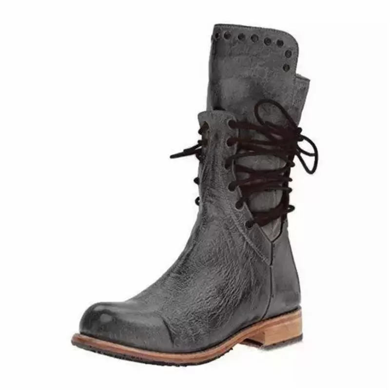 Lace Up Mid Calf Boots Brown Beige Gray Or Black Womens Vegan Leather Bohemian Winter Stylish Boots Great For Festivals Biker Chicks Sizes 4.5 - 8.5