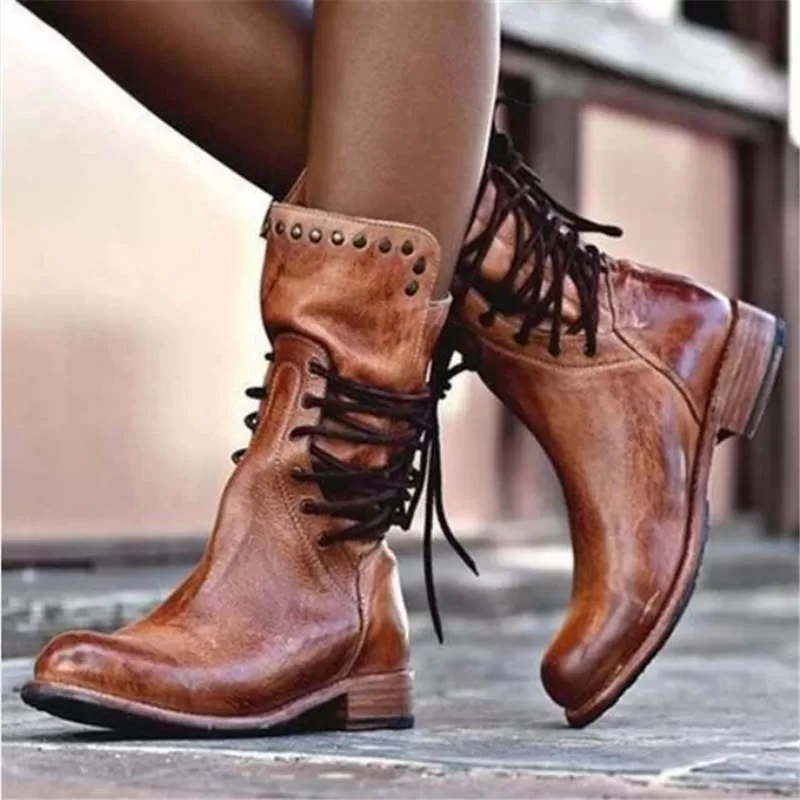 Lace Up Mid Calf Boots Brown Beige Gray Or Black Womens Vegan Leather Bohemian Winter Stylish Boots Great For Festivals Biker Chicks Sizes 4.5 - 8.5