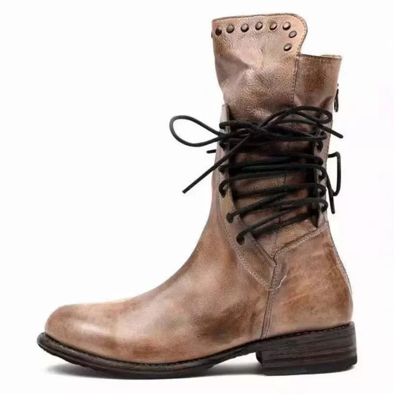 Lace Up Mid Calf Boots Brown Beige Gray Or Black Womens Vegan Leather Bohemian Winter Stylish Boots Great For Festivals Biker Chicks Sizes 4.5 - 8.5