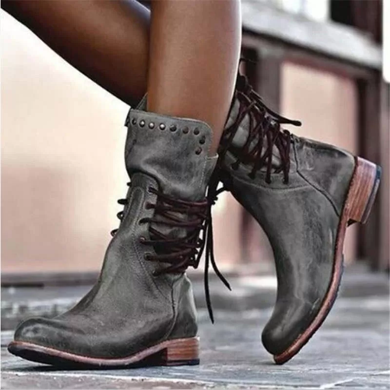 Lace Up Mid Calf Boots Brown Beige Gray Or Black Womens Vegan Leather Bohemian Winter Stylish Boots Great For Festivals Biker Chicks Sizes 4.5 - 8.5