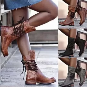 Lace Up Mid Calf Boots Brown Beige Gray Or Black Womens Vegan Leather Bohemian Winter Stylish Boots Great For Festivals Biker Chicks Sizes 4.5 - 8.5