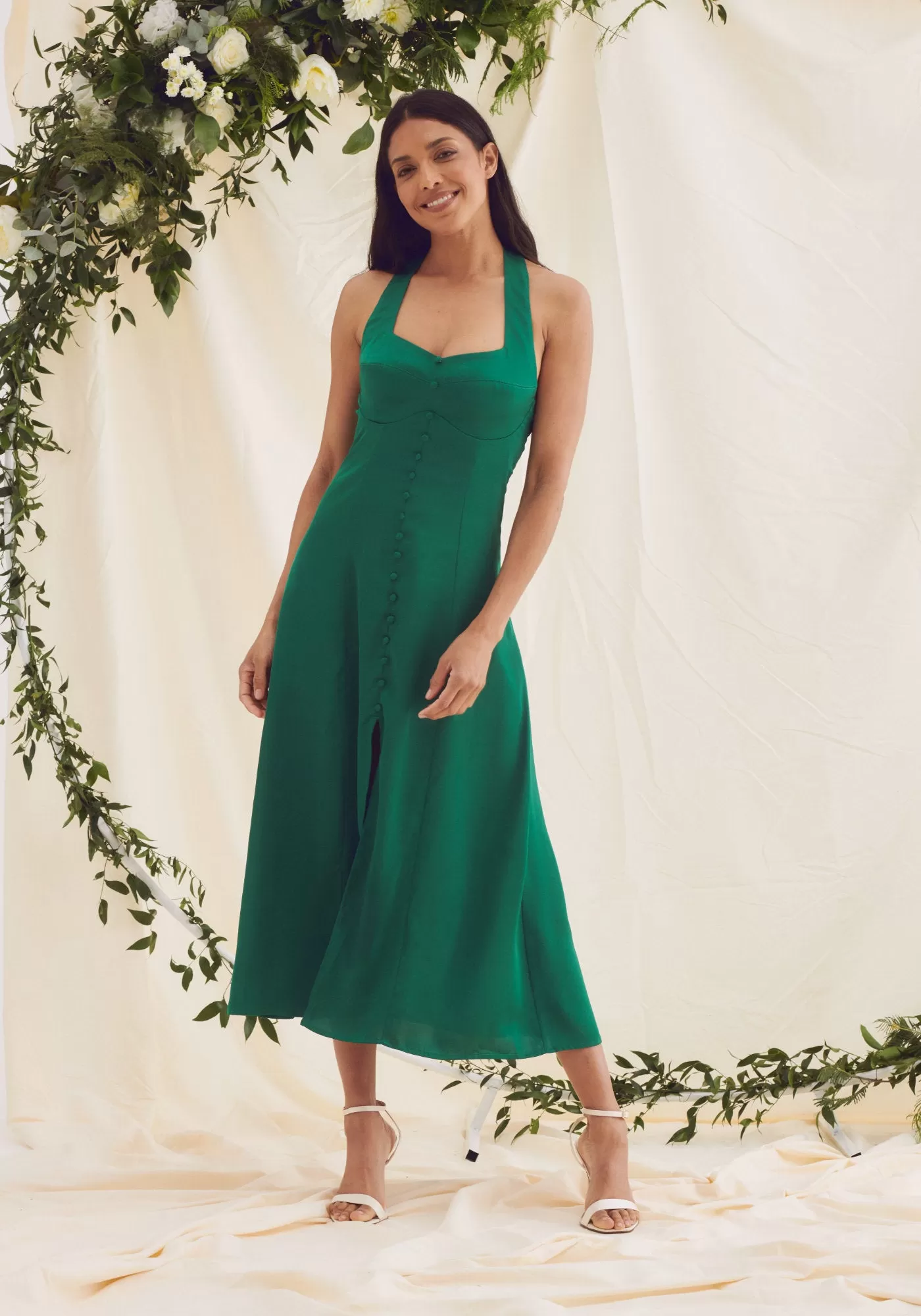 Leona Halter Tie Neck Satin Midi Dress - Emerald Green