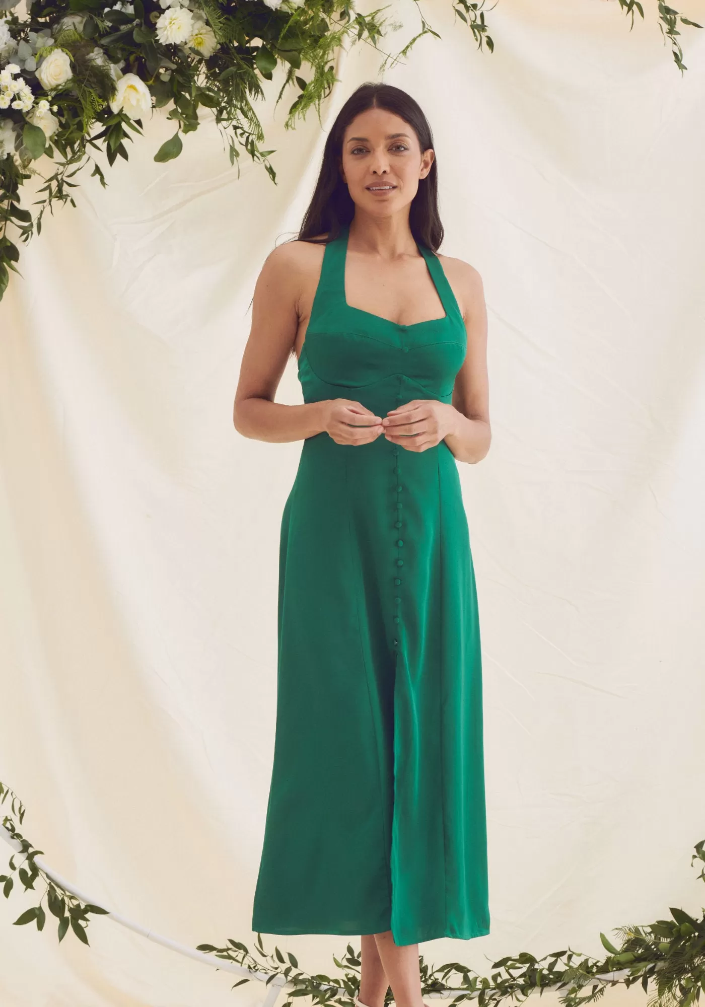 Leona Halter Tie Neck Satin Midi Dress - Emerald Green