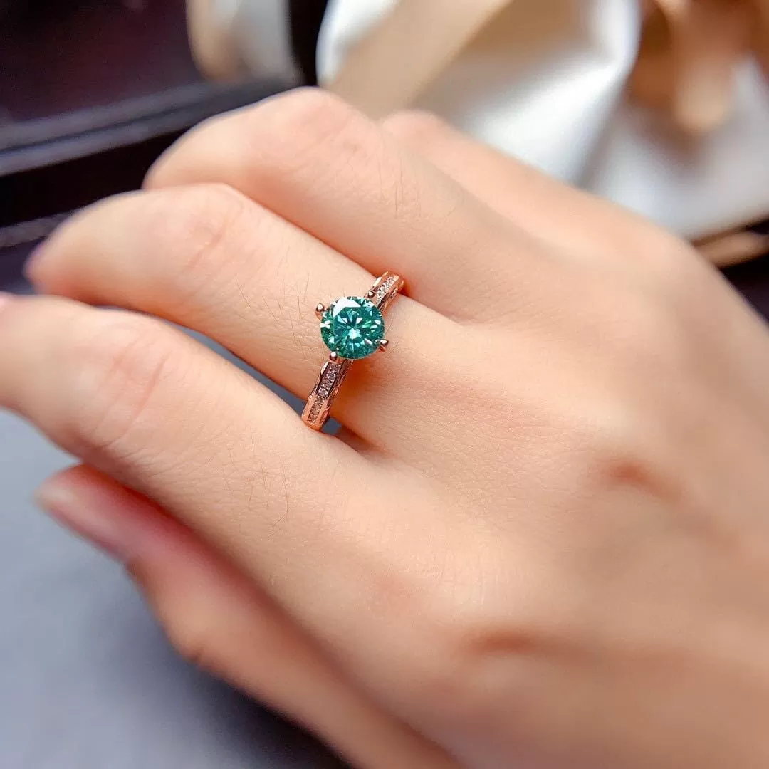 Luxury 1 Carat Silver/Rose Gold Color Created Blue Green Moissanite Stone Resizable Ring