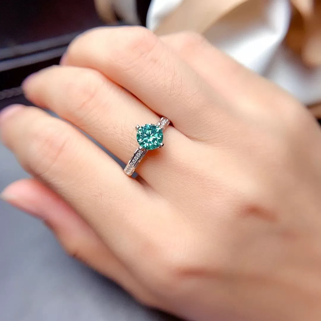 Luxury 1 Carat Silver/Rose Gold Color Created Blue Green Moissanite Stone Resizable Ring