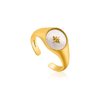 Mother Of Pearl Emblem Signet Ring - Gold