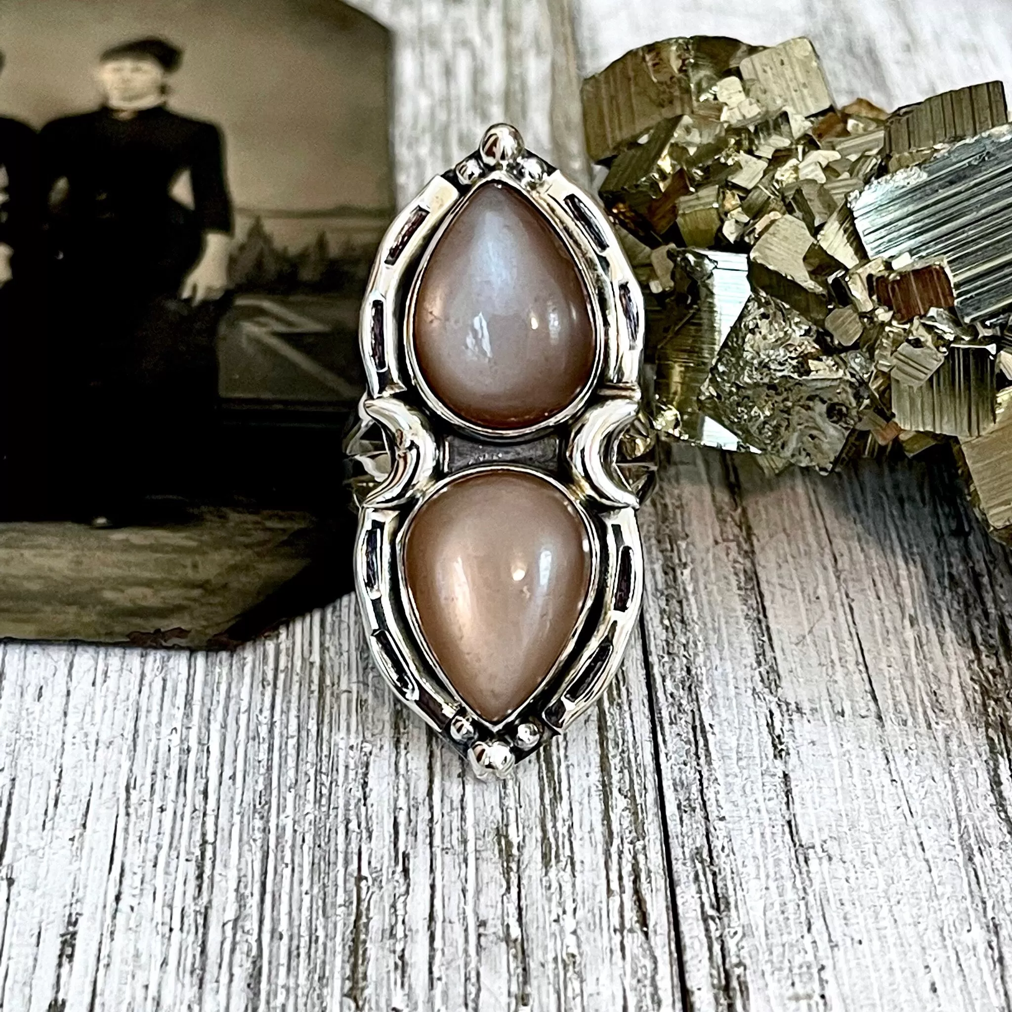 Mystic Moons Peach Moonstone Crystal Ring in Sterling Silver 925- Designed by FOXLARK Collection Size 5 6 7 8 9 10 11 or Adjustable