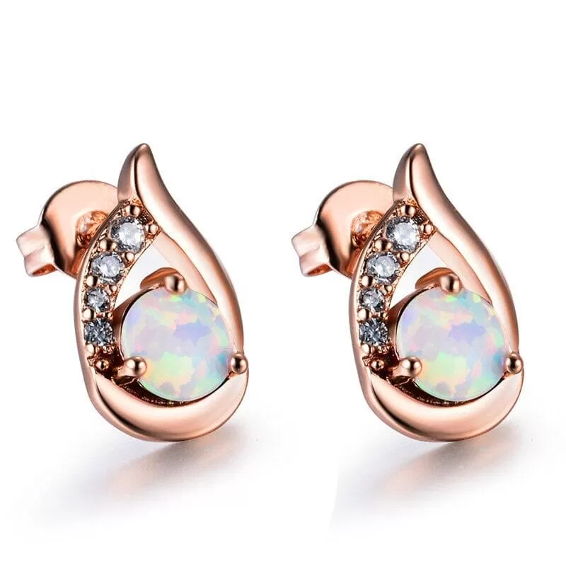 New Unique Silver Color/Black/Rose Gold Mystic White Fire Opal Stud Earrings