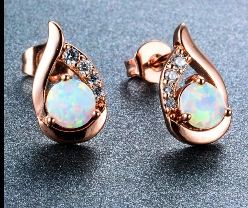 New Unique Silver Color/Black/Rose Gold Mystic White Fire Opal Stud Earrings