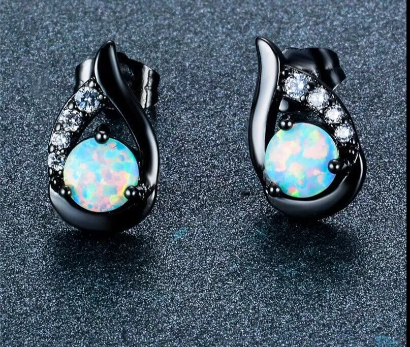 New Unique Silver Color/Black/Rose Gold Mystic White Fire Opal Stud Earrings