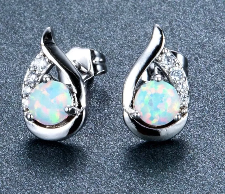 New Unique Silver Color/Black/Rose Gold Mystic White Fire Opal Stud Earrings