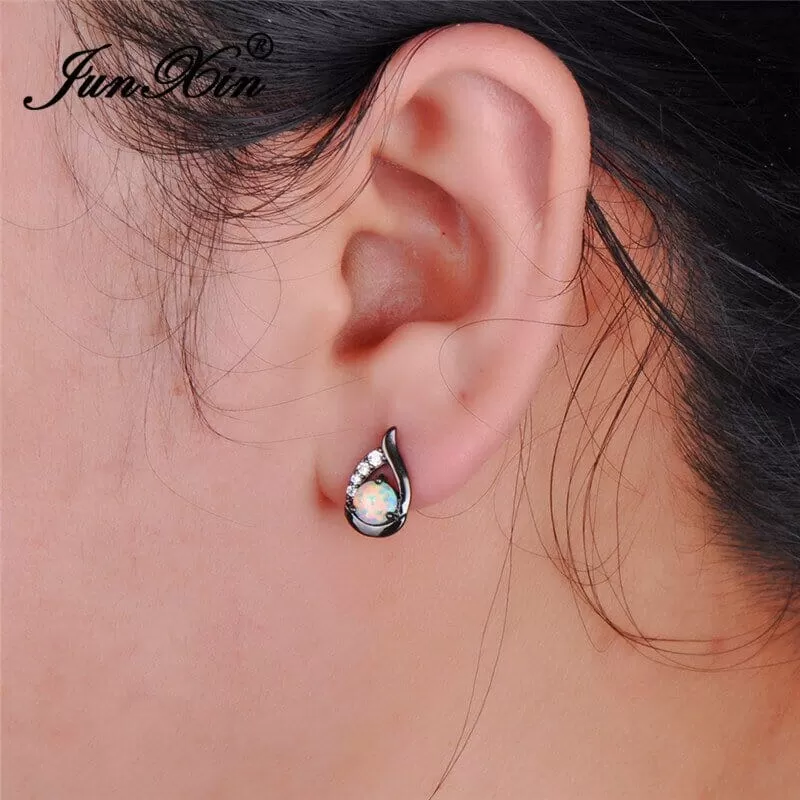 New Unique Silver Color/Black/Rose Gold Mystic White Fire Opal Stud Earrings