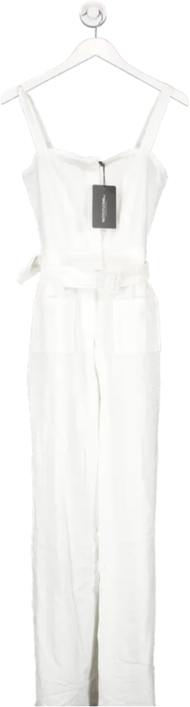 PrettyLittleThing Petite White Wide Leg Square Pocket Button Down Jumpsuit UK 6