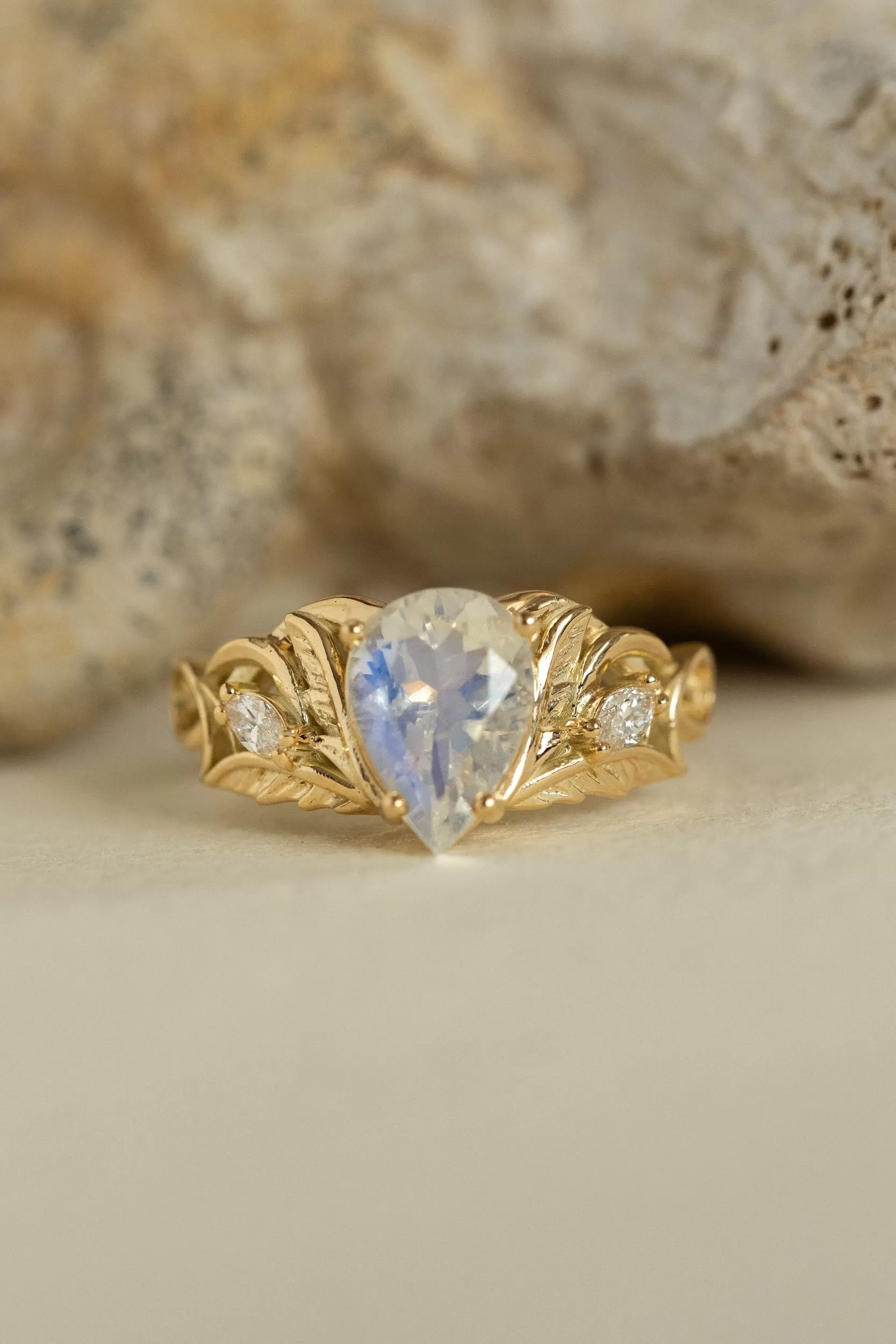 READY TO SHIP: Ikar ring in 14K yellow gold, moonstone pear cut 10x7 mm, accent lab grown diamonds, AVAILABLE RING SIZES: 6-8US