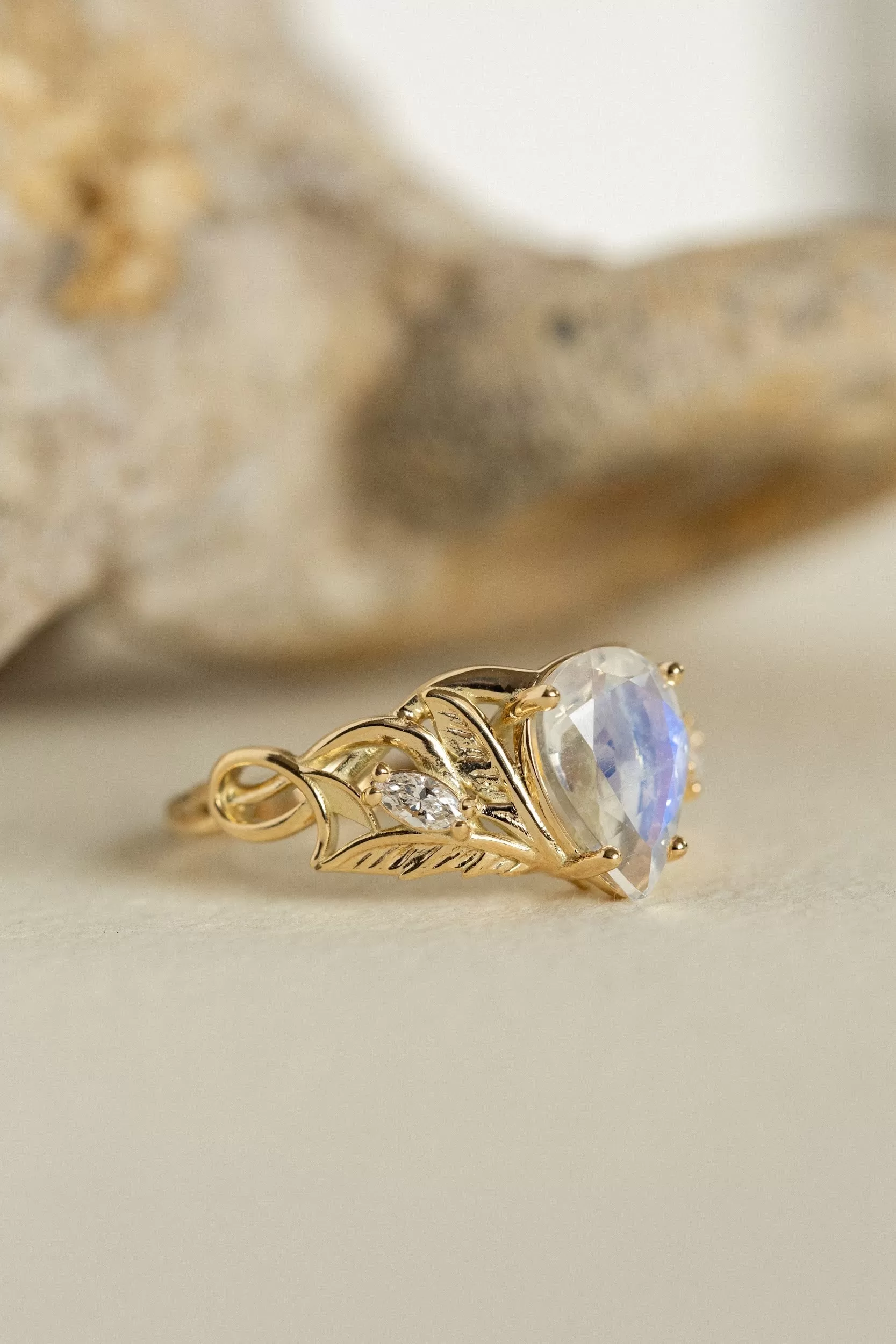 READY TO SHIP: Ikar ring in 14K yellow gold, moonstone pear cut 10x7 mm, accent lab grown diamonds, AVAILABLE RING SIZES: 6-8US