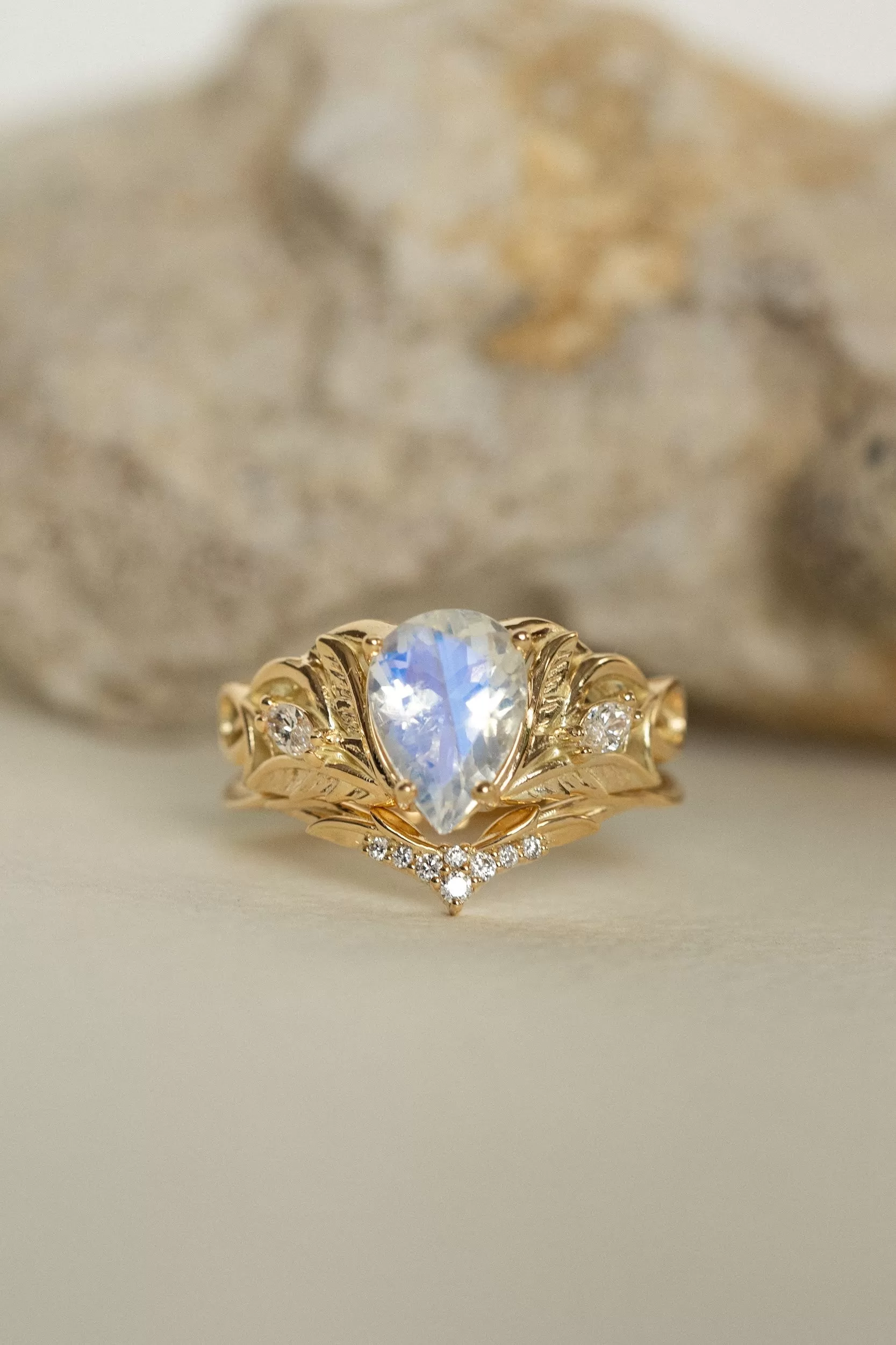 READY TO SHIP: Ikar ring in 14K yellow gold, moonstone pear cut 10x7 mm, accent lab grown diamonds, AVAILABLE RING SIZES: 6-8US