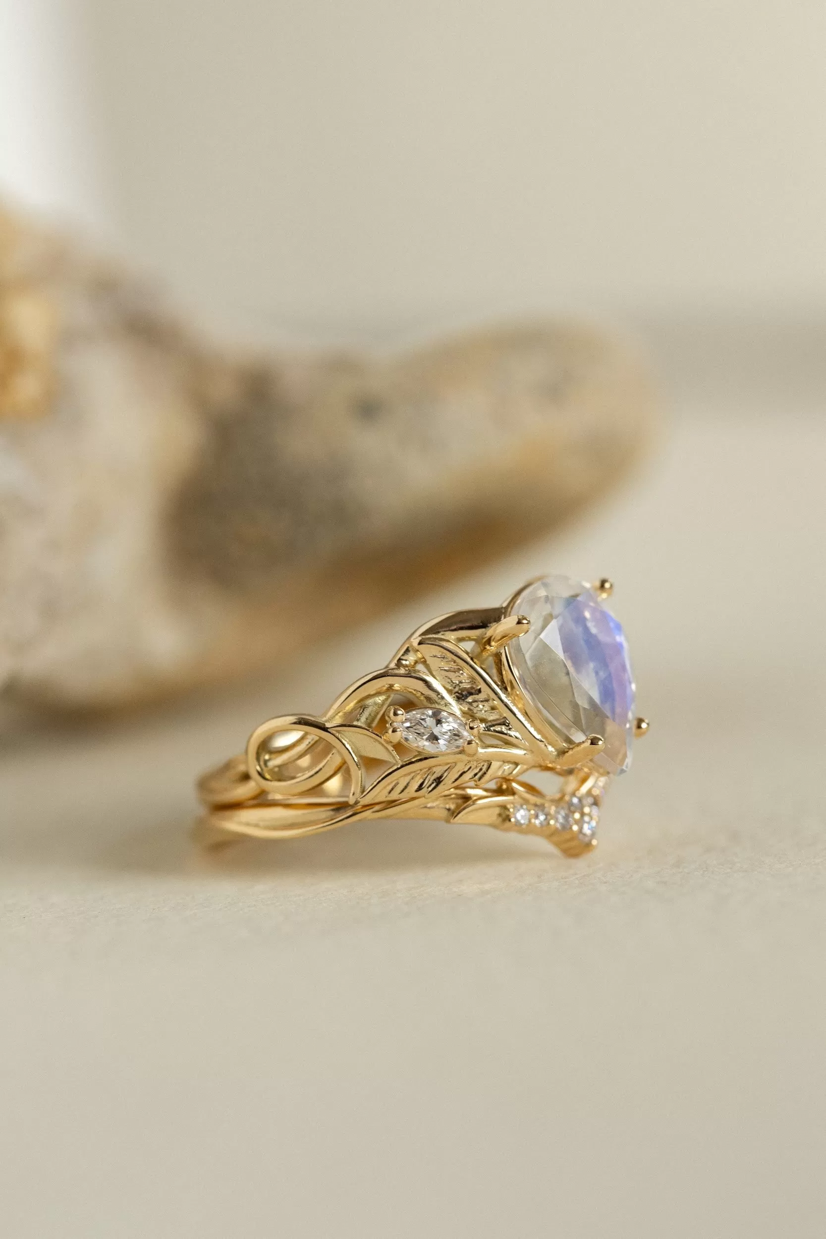 READY TO SHIP: Ikar ring in 14K yellow gold, moonstone pear cut 10x7 mm, accent lab grown diamonds, AVAILABLE RING SIZES: 6-8US