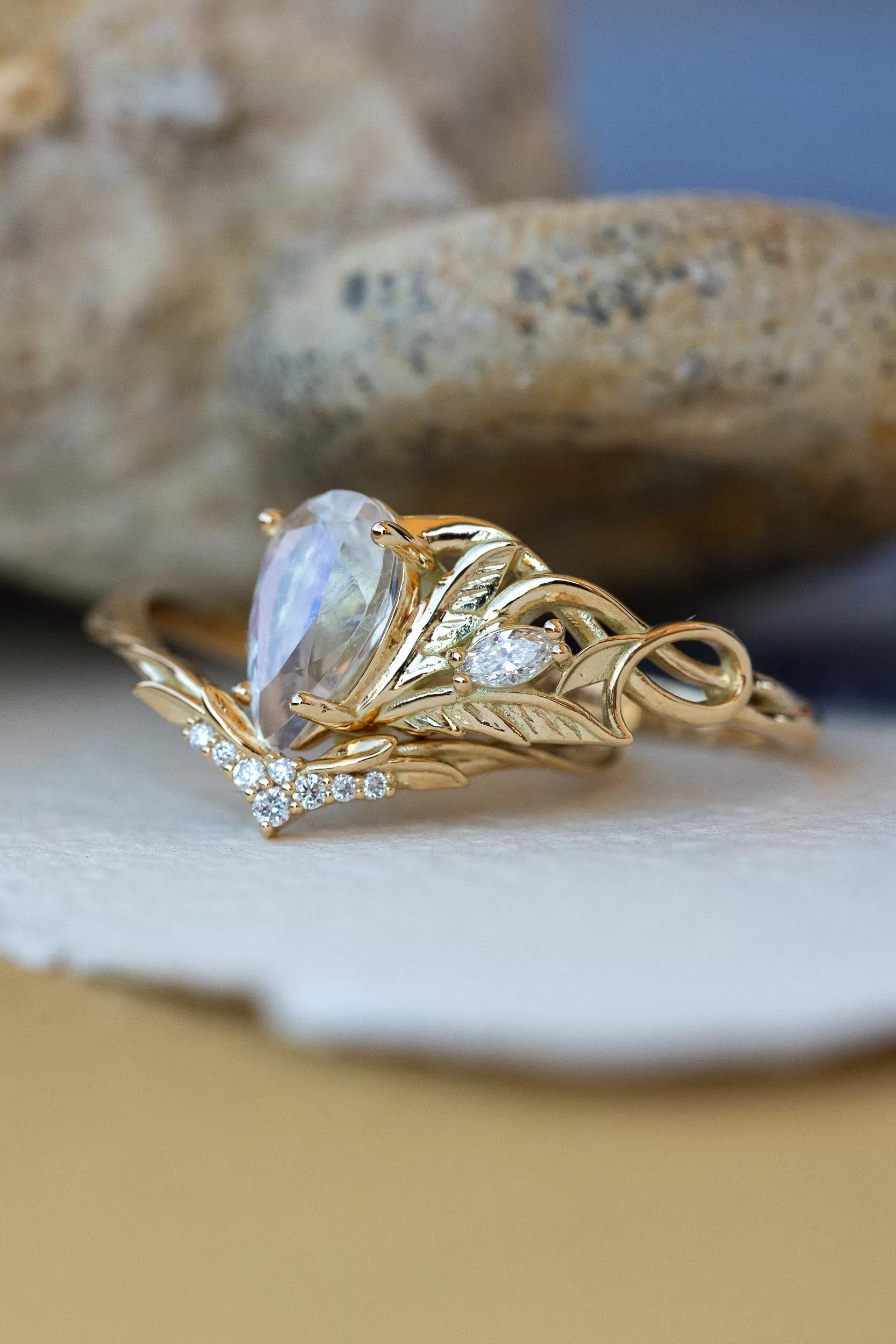 READY TO SHIP: Ikar ring in 14K yellow gold, moonstone pear cut 10x7 mm, accent lab grown diamonds, AVAILABLE RING SIZES: 6-8US