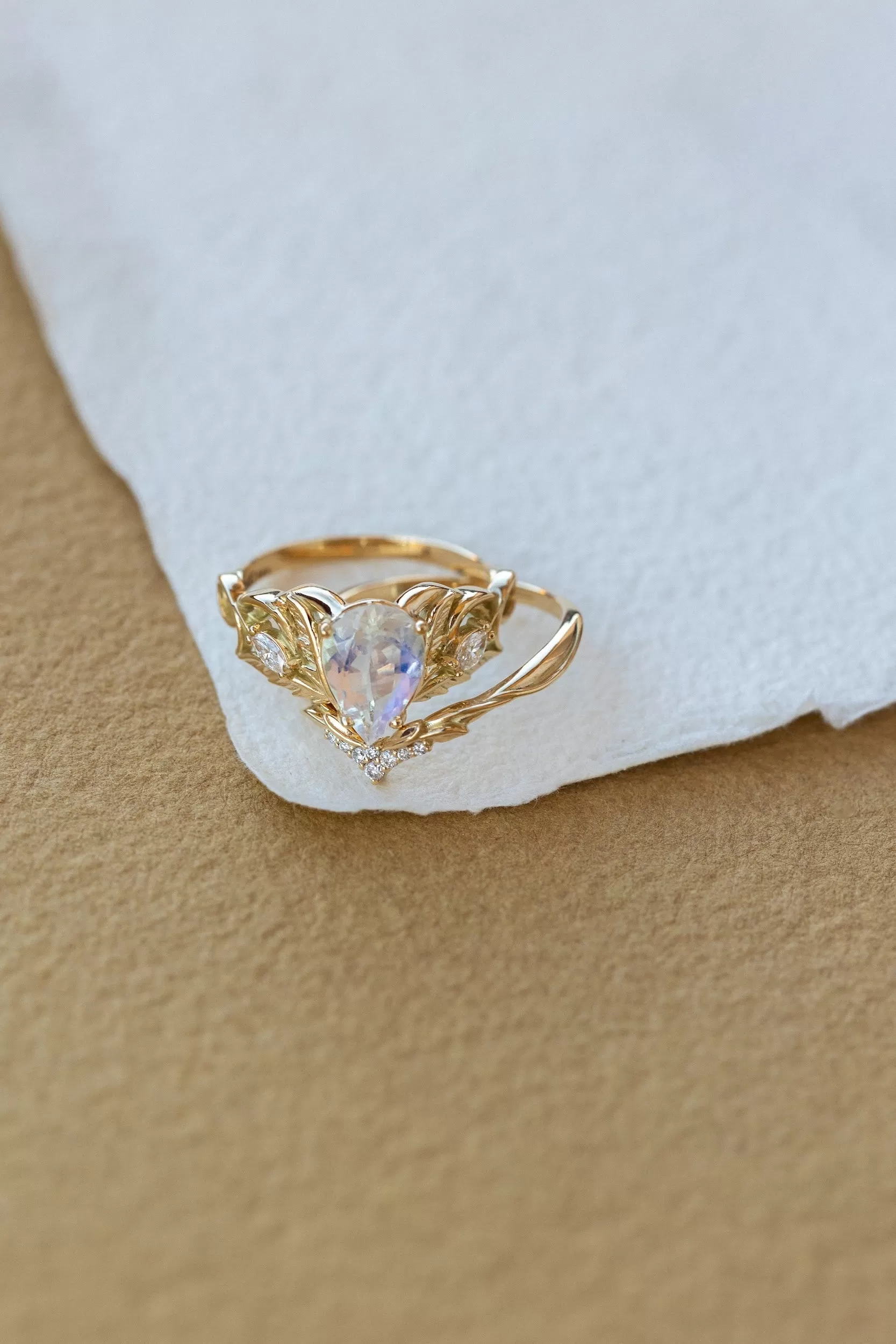 READY TO SHIP: Ikar ring in 14K yellow gold, moonstone pear cut 10x7 mm, accent lab grown diamonds, AVAILABLE RING SIZES: 6-8US