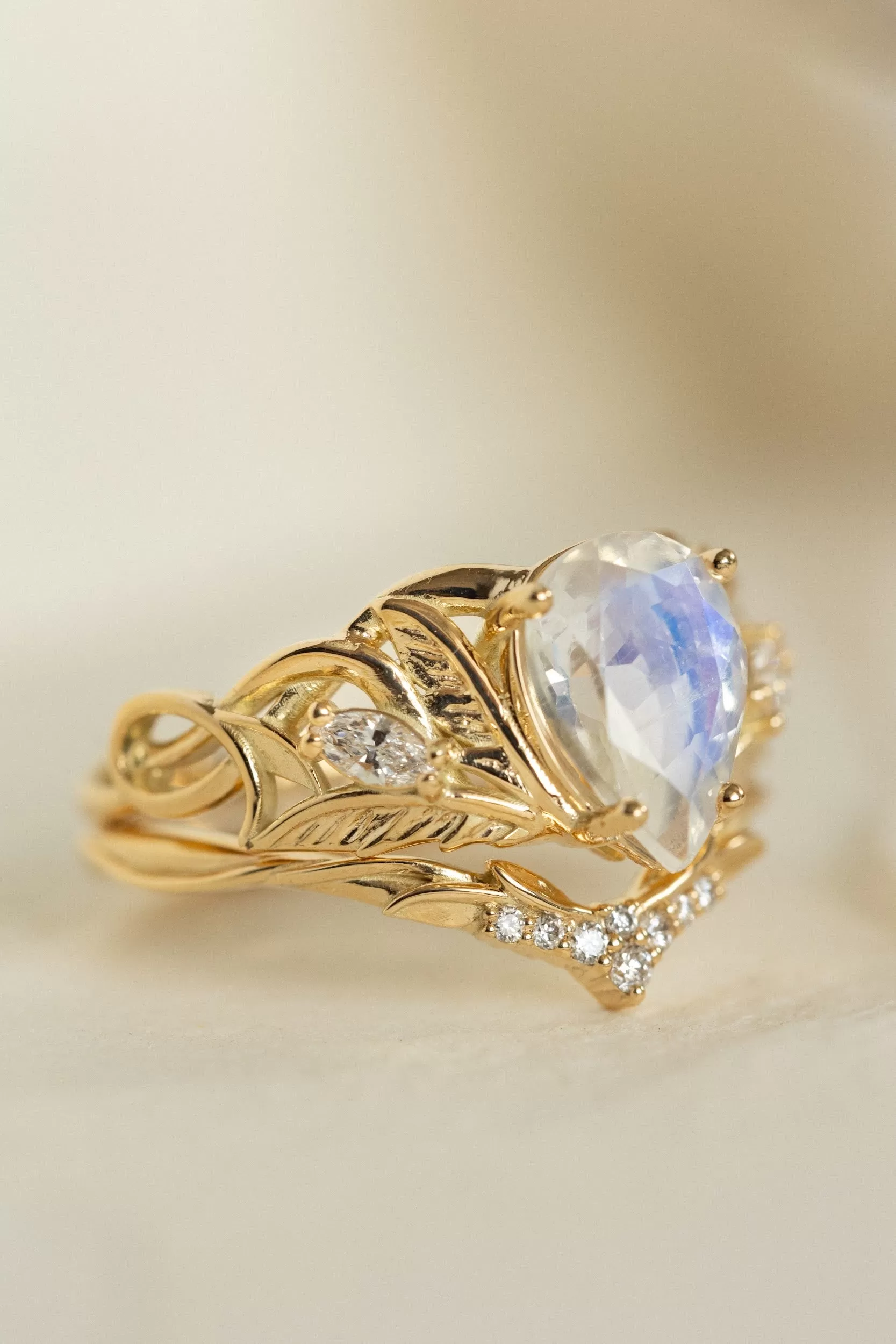 READY TO SHIP: Ikar ring in 14K yellow gold, moonstone pear cut 10x7 mm, accent lab grown diamonds, AVAILABLE RING SIZES: 6-8US