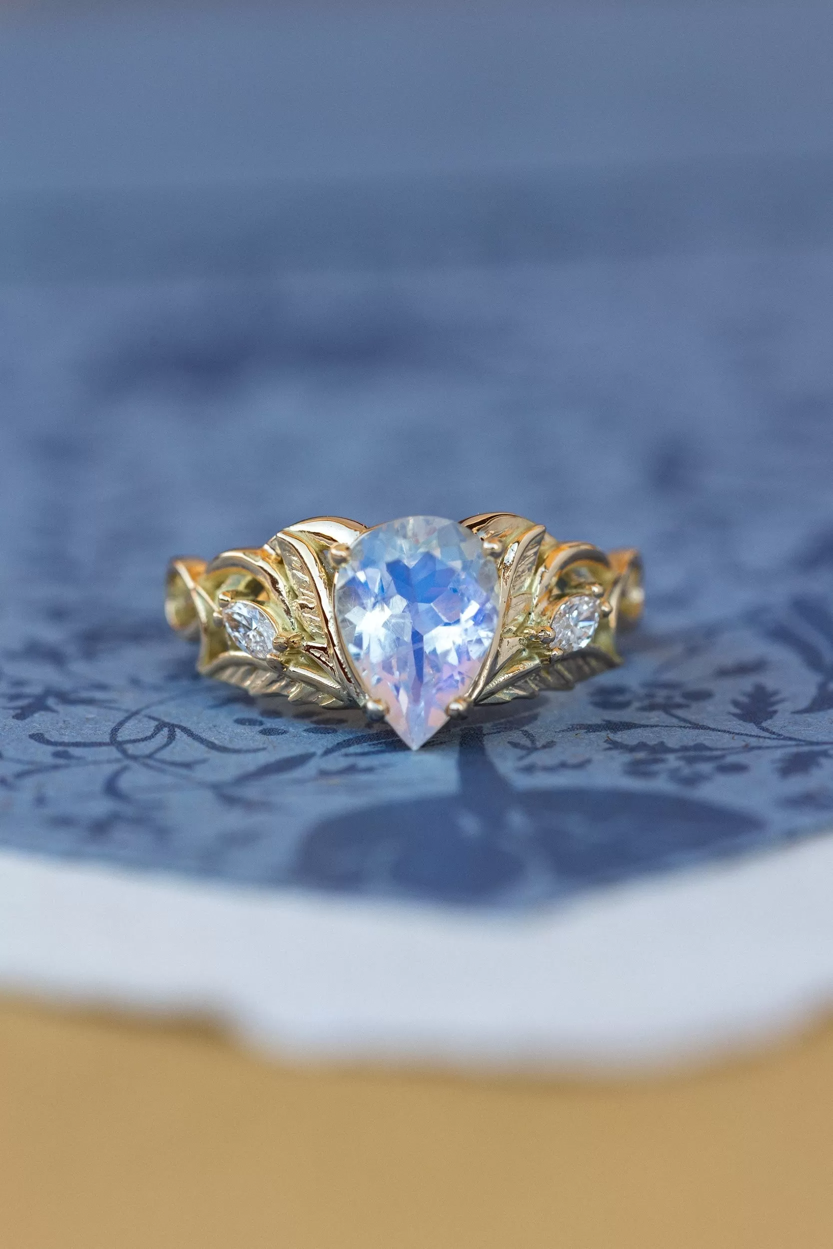 READY TO SHIP: Ikar ring in 14K yellow gold, moonstone pear cut 10x7 mm, accent lab grown diamonds, AVAILABLE RING SIZES: 6-8US