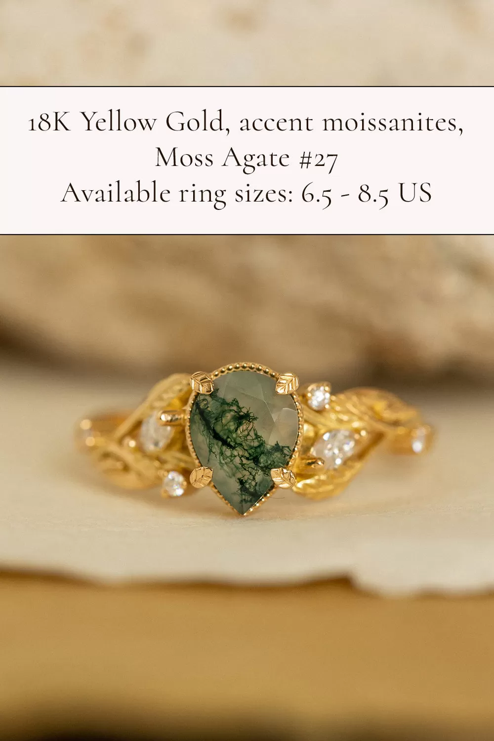 READY TO SHIP: Patricia ring in 14K or 18K yellow gold, natural moss agate pear cut 8x6 mm, accent moissanites, AVAILABLE RING SIZES: 4.5-9.5US