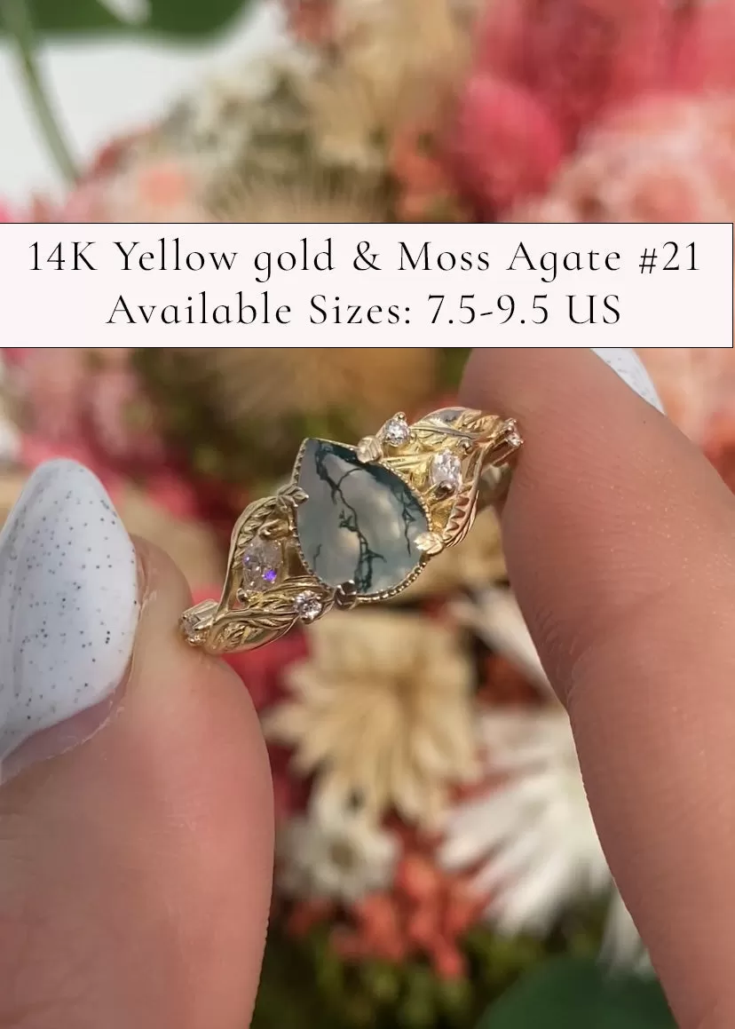 READY TO SHIP: Patricia ring in 14K or 18K yellow gold, natural moss agate pear cut 8x6 mm, accent moissanites, AVAILABLE RING SIZES: 4.5-9.5US