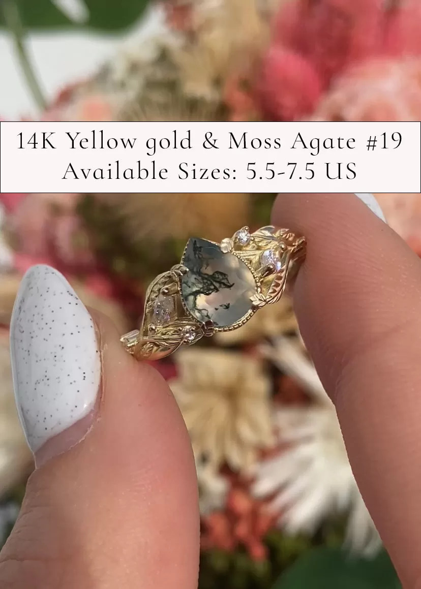 READY TO SHIP: Patricia ring in 14K or 18K yellow gold, natural moss agate pear cut 8x6 mm, accent moissanites, AVAILABLE RING SIZES: 4.5-9.5US