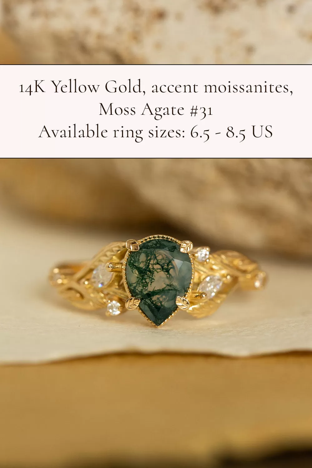 READY TO SHIP: Patricia ring in 14K or 18K yellow gold, natural moss agate pear cut 8x6 mm, accent moissanites, AVAILABLE RING SIZES: 4.5-9.5US