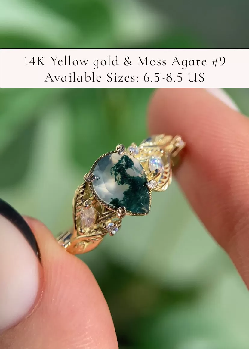 READY TO SHIP: Patricia ring in 14K or 18K yellow gold, natural moss agate pear cut 8x6 mm, accent moissanites, AVAILABLE RING SIZES: 4.5-9.5US