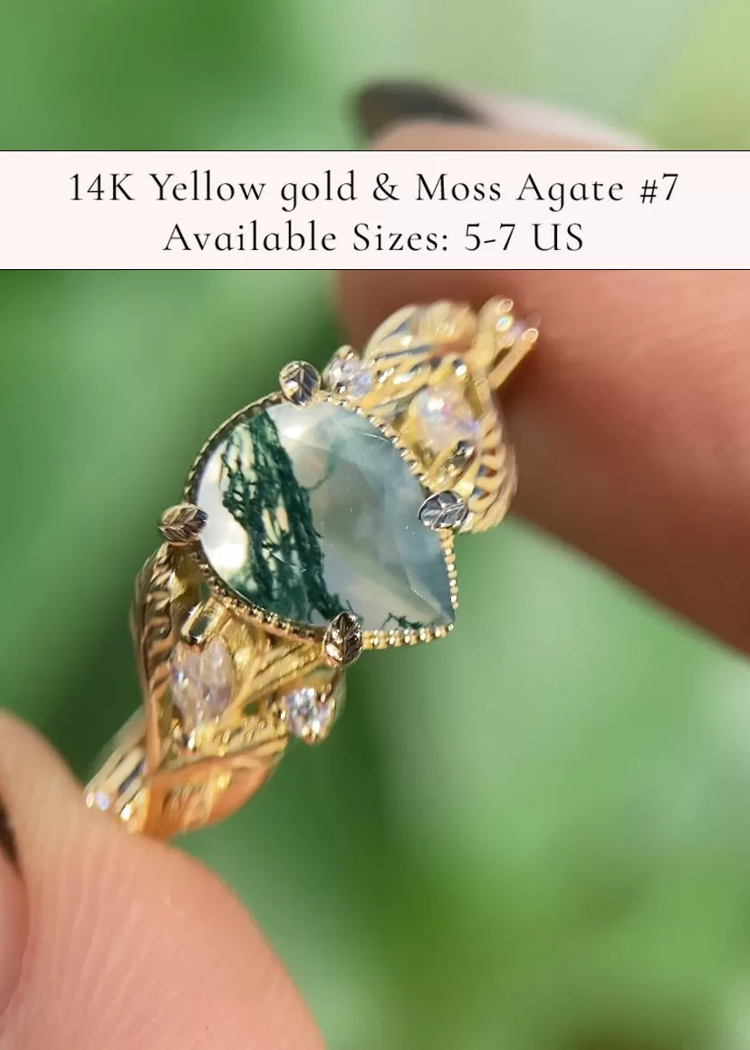 READY TO SHIP: Patricia ring in 14K or 18K yellow gold, natural moss agate pear cut 8x6 mm, accent moissanites, AVAILABLE RING SIZES: 4.5-9.5US