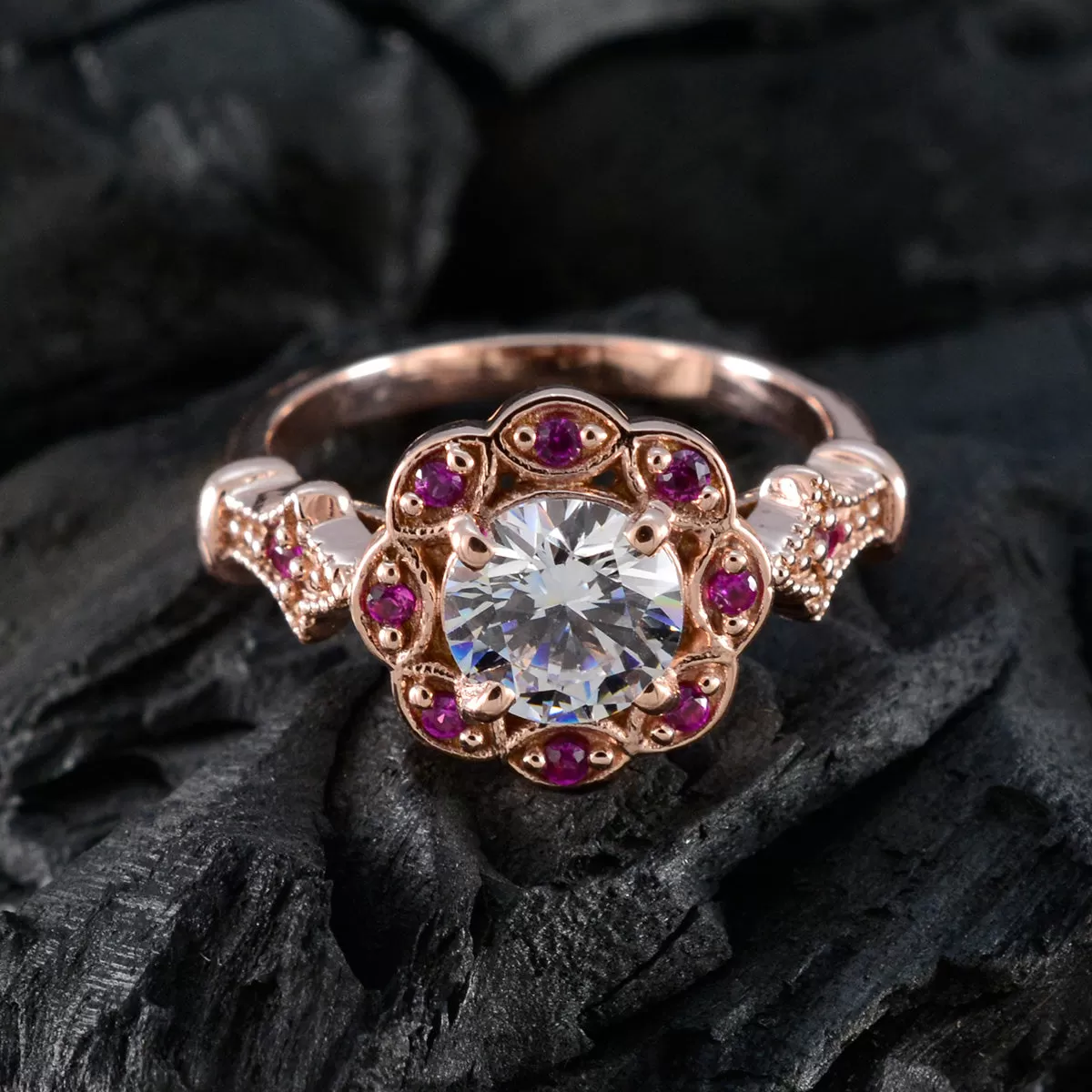 Riyo Attractive Silver Ring With Rose Gold Plating Ruby CZ Stone Round Shape Prong Setting Bridal Jewelry Anniversary Ring